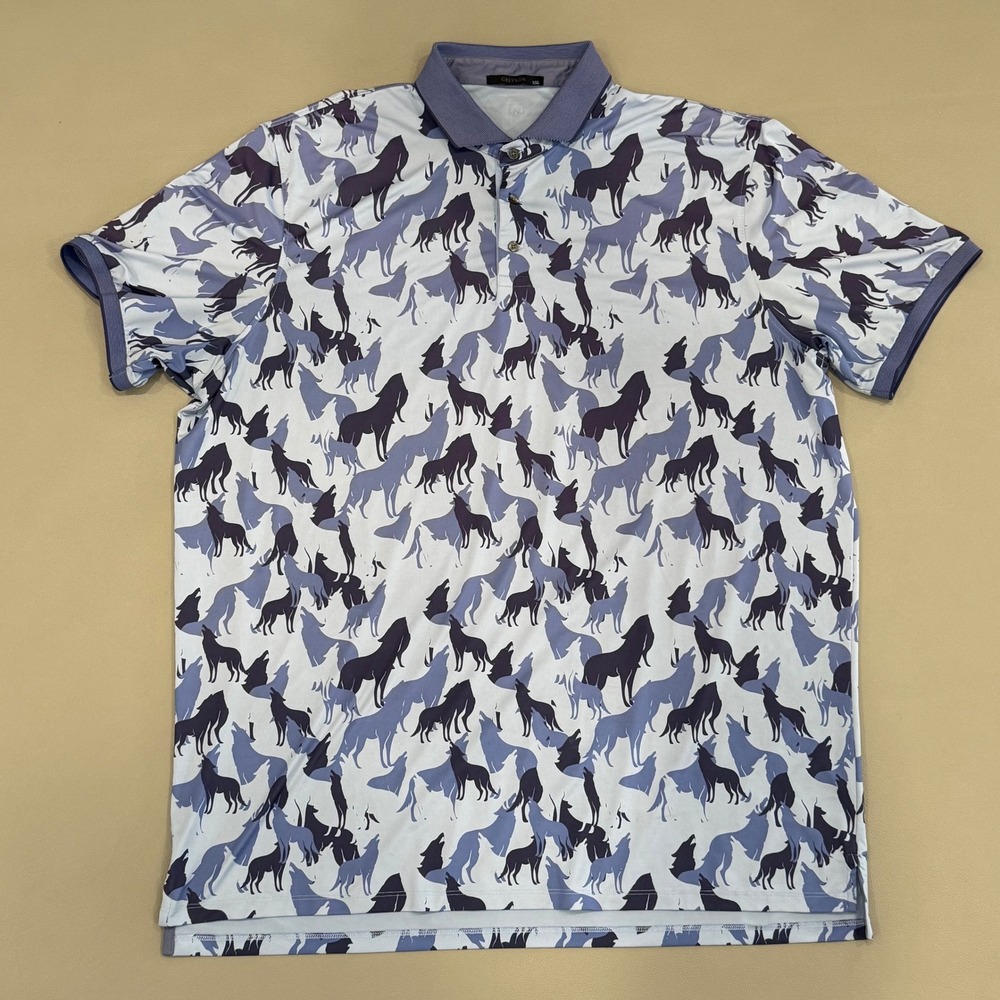 Greyson Polo Shirt Men XXL Blue Wolf Print Performance - Picture 2 of 8